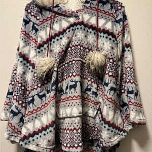 Secret Treasures Multicolor Hooded Poncho with Reindeer Design